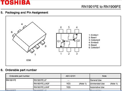 Datenblattabschnitt Pinbelegung und Bestellnummer Toshiba RN1901FE