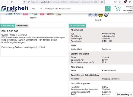 Produktdatenblatt einer Feinsicherung
