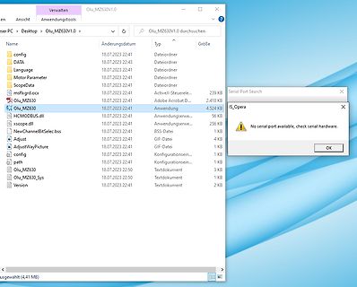Windows Explorer Fenster und Fehlermeldung Serial Port Search