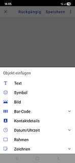 Menü zur Objekterstellung in einer App