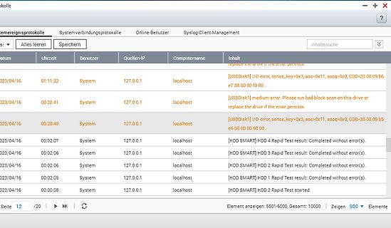 Software-Protokollliste mit Festplattenfehlermeldungen