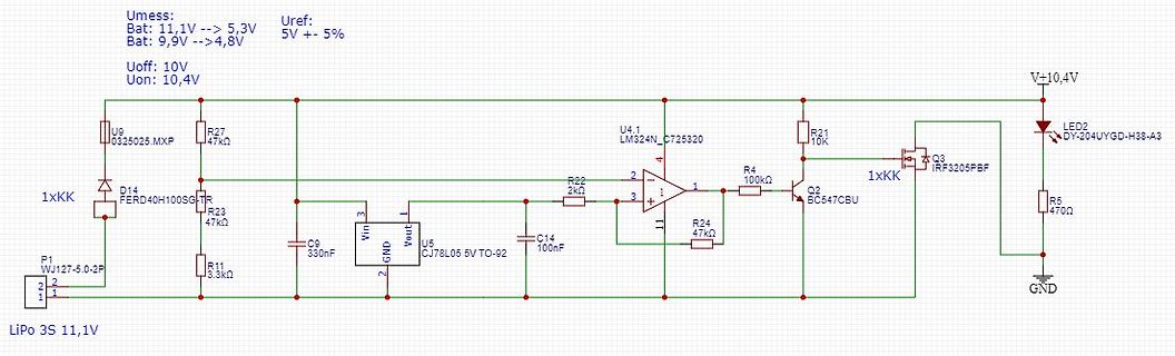 Schaltplan einer Batterieüberwachung mit LED-Anzeige