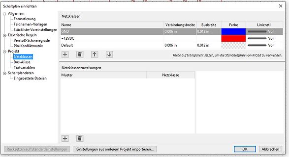 Einstellungen der Netzklassen in einer EDA-Software