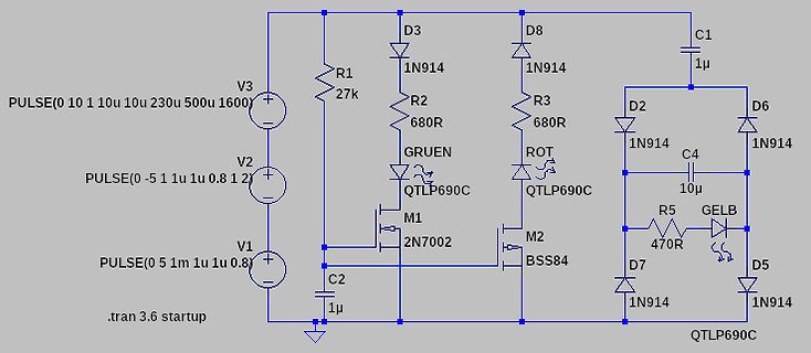 Schaltplan mit MOSFETs, Dioden und Pulsquellen