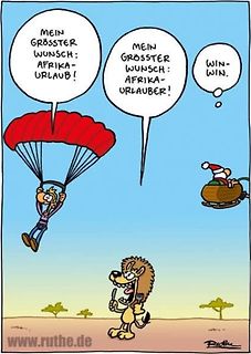 Comic über einen Fallschirmspringer und einen Löwen