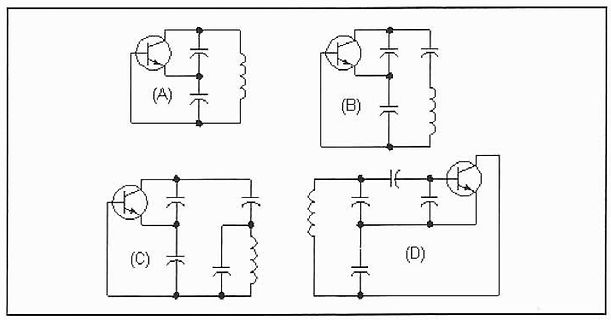 Vier verschiedene Schaltungsvarianten mit Transistor, Kondensator und Spule