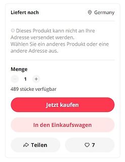 Screenshot eines Online-Verkaufsportals mit Fehlermeldung