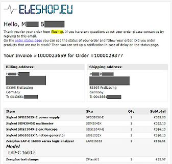 Rechnung eines Online-Shops für Elektronikkomponenten