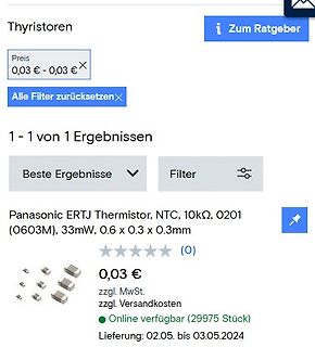Screenshot eines Online-Shops für Elektronikbauteile