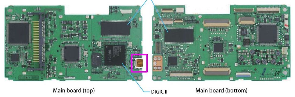 Vorder- und Rückseite einer Hauptplatine mit DIGIC II Chip
