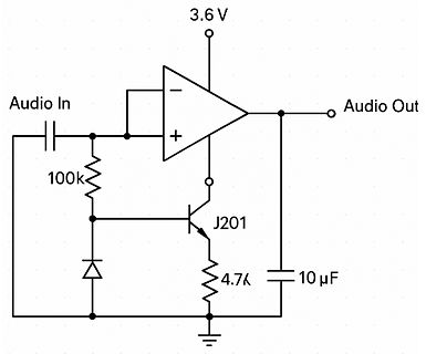 Schaltplan eines Audio-Verstärkers mit Operationsverstärker und JFET