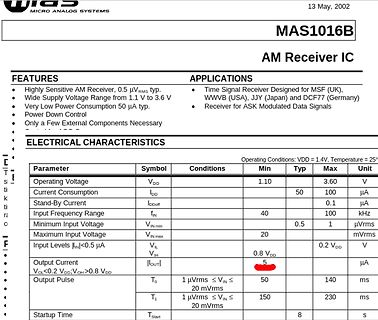 Datenblatt des MAS1016B AM Receiver IC