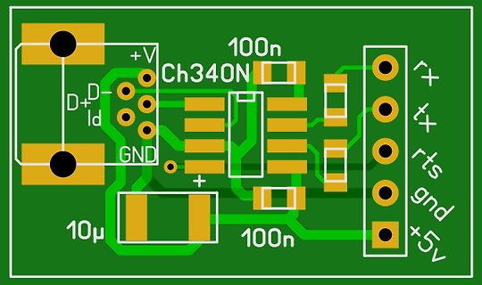 PCB-Layout eines USB-zu-Seriell-Adapters mit CH340N