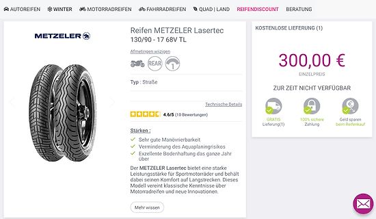 Webseite eines Reifenhändlers für Metzeler Lasertec Reifen