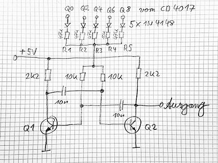 Handgezeichneter Schaltplan mit CD4017 und Transistoren