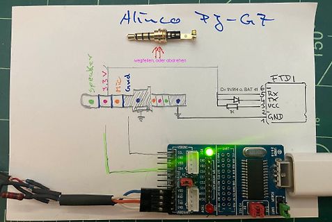 Handgezeichneter Schaltplan, Klinkenstecker und USB-UART-Adapter