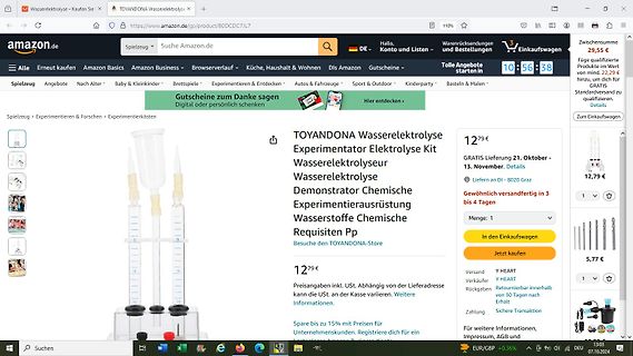 Amazon-Produktseite für Wasserelektrolyse-Experimentierkasten