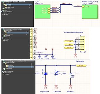 Drei Ausschnitte eines Schaltplans aus einer CAD-Software