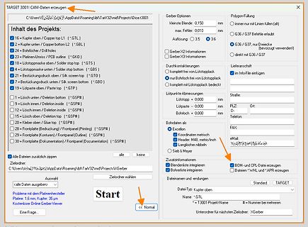 Software-Dialog zur Erzeugung von Gerber-Daten