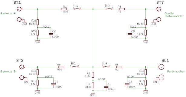 Schaltplan mit Batterien, Solarmodul und Verbraucher
