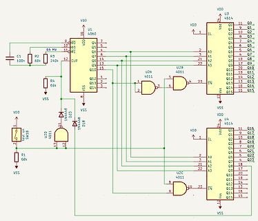 Schaltplan mit Logikgattern und 4060/4514 ICs