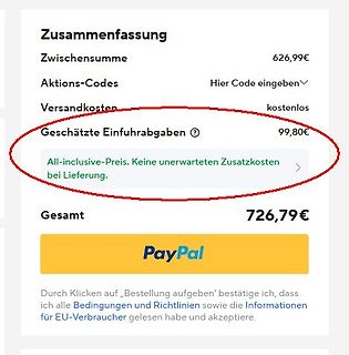 Warenkorb Zusammenfassung mit geschätzten Einfuhrabgaben