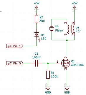 Schaltplan mit LED, Piezo und MOSFET