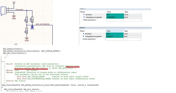 Schaltplan, Debug-Fenster und C-Quellcode