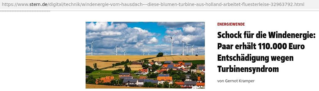 Screenshot eines Nachrichtenartikels über Windenergie