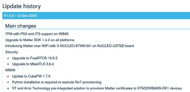 Update history V1.5.0 Matter SDK Upgrade