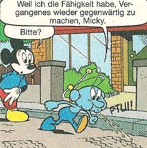 Comic-Ausschnitt mit Micky Maus und Schlümpfen