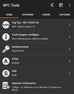 Screenshot der NFC Tools App mit Tag-Informationen