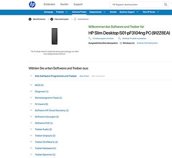 HP Support Webseite für Treiber und Software