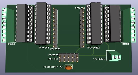 CAD-Ansicht eines Leiterplatten-Layouts mit Relais-Ansteuerung