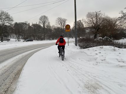 Person fährt mit dem Fahrrad auf einer verschneiten Straße