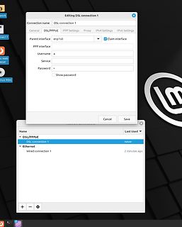 Screenshot einer DSL-Verbindungseinstellung unter Linux Mint
