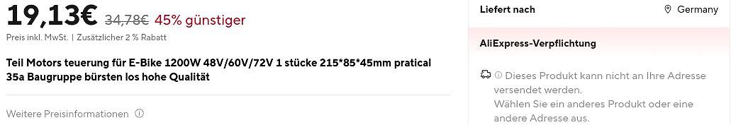 Screenshot eines AliExpress-Produkteintrags für E-Bike Motorsteuerung