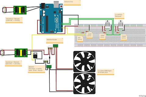 Fritzing-Schaltplan mit Arduino, Sensoren und Lüftern