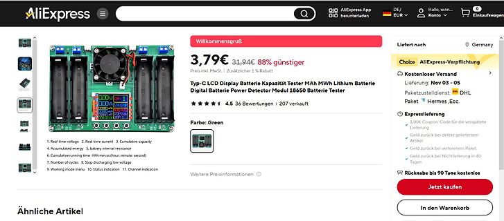 AliExpress Produktseite für Batterie-Kapazitätstester