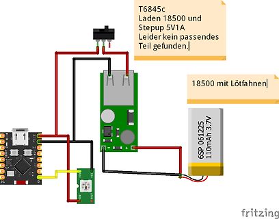 Fritzing-Schaltplan einer Batterie-Lade- und Step-up-Schaltung