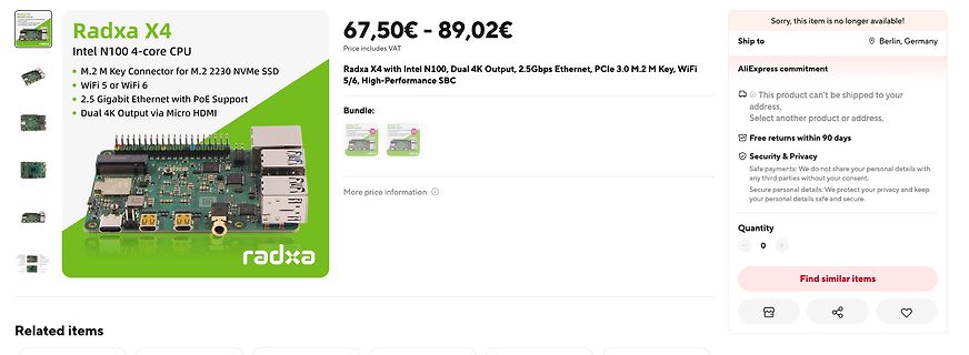 Produktseite eines Radxa X4 Single Board Computers