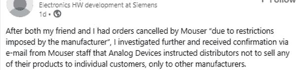Screenshot eines Forenbeitrags über Mouser und Analog Devices