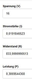 Messwerte für Spannung, Stromstärke, Widerstand und Leistung