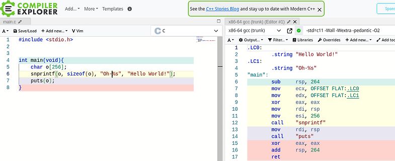 Compiler Explorer C-Code und Assembly-Ansicht
