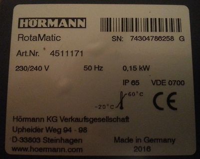 Typenschild eines Hörmann RotaMatic Motors