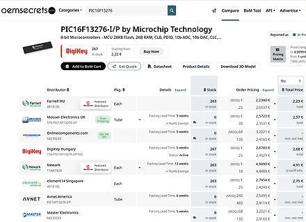 Webseite von oemsecrets.com für PIC16F13276-I/P