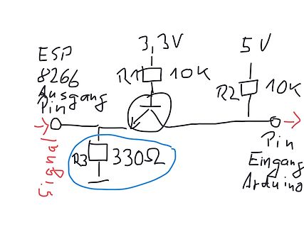 Handgezeichneter Schaltplan zur Pegelanpassung ESP8266 zu Arduino