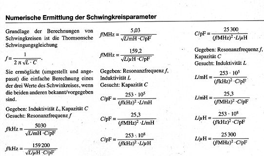 Formeln zur Ermittlung von Schwingkreisparametern