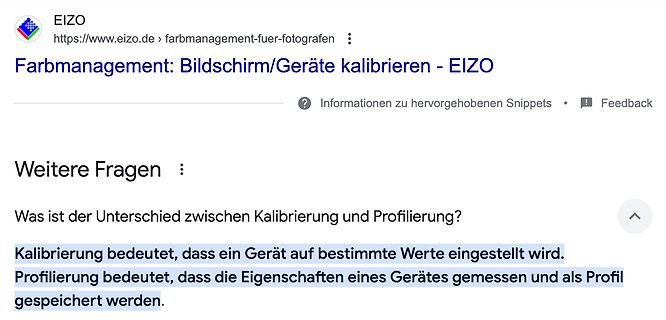 Google Suchergebnis zu Farbmanagement und Kalibrierung