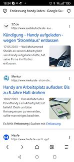 Handy-Screenshot von Google-Suchergebnissen zu Kündigung wegen Handyladen